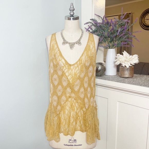 Free People Yellow Gold Flowy Lace Bell Trapeze Tank Top Small - Picture 3 of 9
